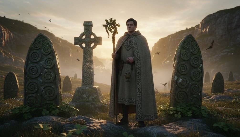 High-quality image of a man in medieval cloak standing among ancient stones and Celtic crosses at sunset, symbolizing faith and spirituality.