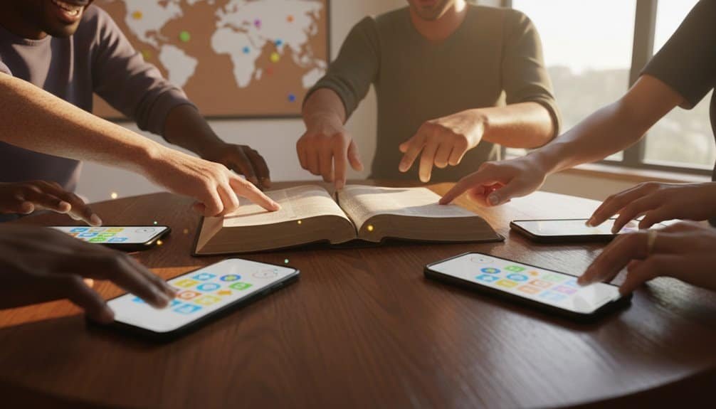 Engaged group reading digital devices and Bible at church or community gathering, emphasizing faith, worship, and spiritual connection.