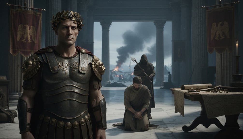 ALT text: A Roman emperor in armor standing in a grand hall with kneeling men and a soldier in the background, symbolizing faith and leadership in biblical storytelling.