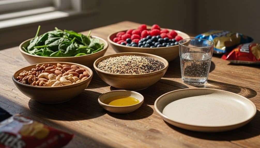 Healthy salad ingredients including spinach, strawberries, blueberries, mixed nuts, quinoa, and olive oil on a rustic wooden table with a glass of water. Ideal for nutritious eating and wholesome meals.