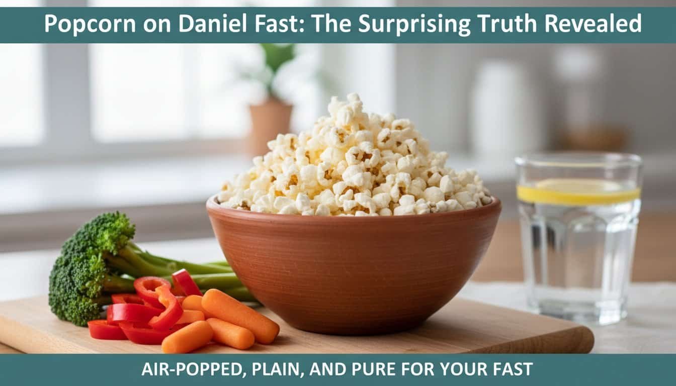 Delicious plain air-popped popcorn served with fresh vegetables and water, perfect for Daniel fast, vegan, healthy eating, gluten-free, clean eating, and spiritual fasting.