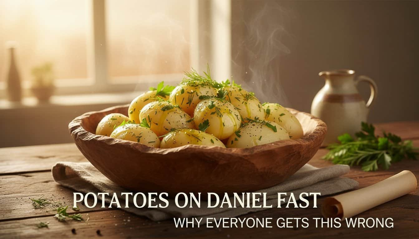 Boiled potatoes garnished with herbs, served in a rustic wooden bowl with steam rising, cozy kitchen setting, natural sunlight, healthy comfort food, fresh ingredients, wholesome meal.