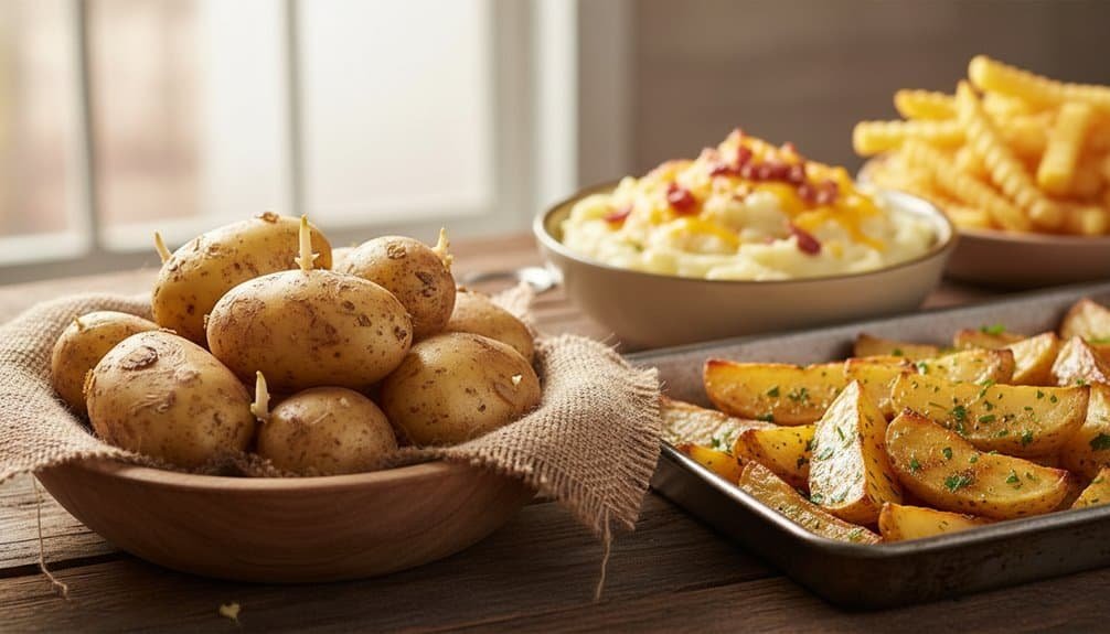 Freshly baked potato chips, creamy mashed potatoes with bacon, and roasted potato wedges served with herbs on a rustic table. Perfect comfort food for any meal or gathering.