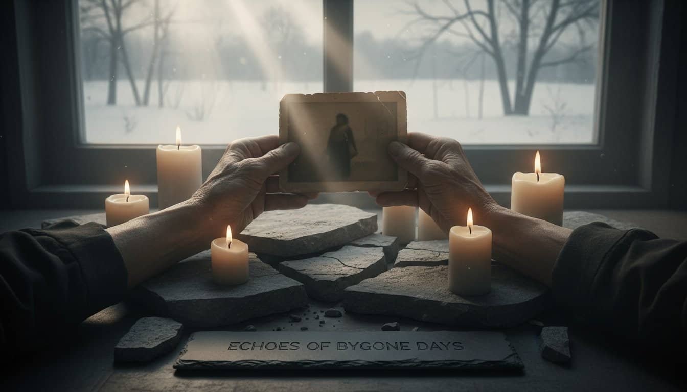 Memorial candles and vintage photo on a windowsill create a poignant, spiritual atmosphere, emphasizing reflection and remembrance aligned with faith-based themes.