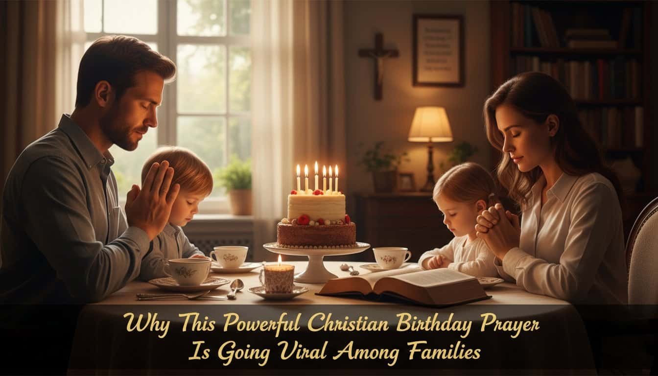 A family prays together at a birthday celebration, emphasizing the importance of prayer, faith, and family bonding within Christian traditions.