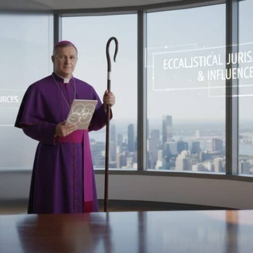 Image of a clergy member in purple robes holding a staff and a tablet in a high-rise office with cityscape view, emphasizing spiritual authority and modern faith leadership.