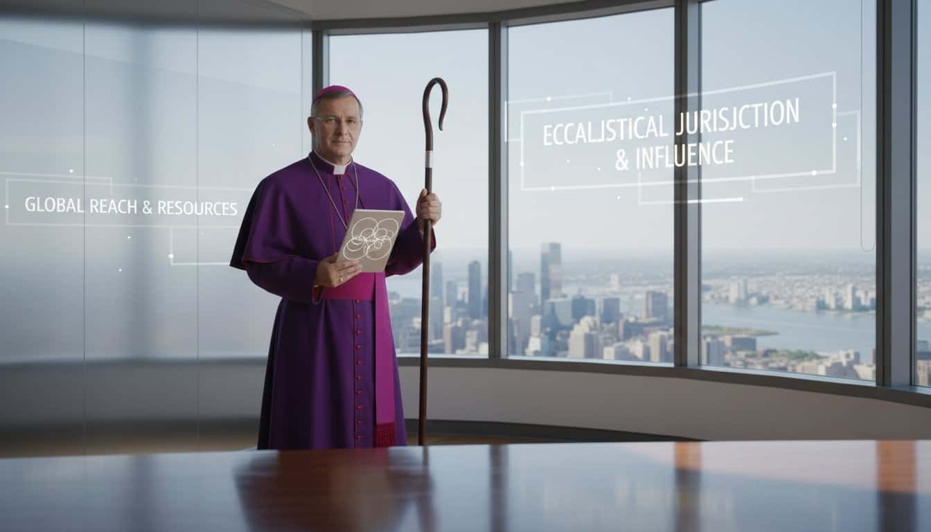 Image of a clergy member in purple robes holding a staff and a tablet in a high-rise office with cityscape view, emphasizing spiritual authority and modern faith leadership.