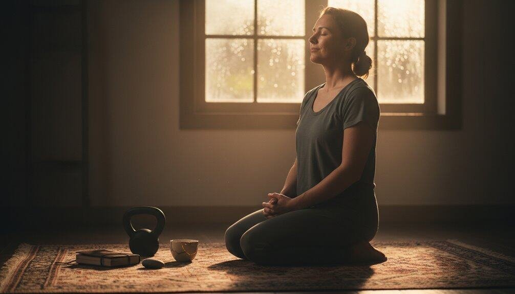 Woman praying peacefully during sunset with Bible, kettle, and cup, in a serene indoor setting with natural sunlight through window, emphasizing faith and spirituality.