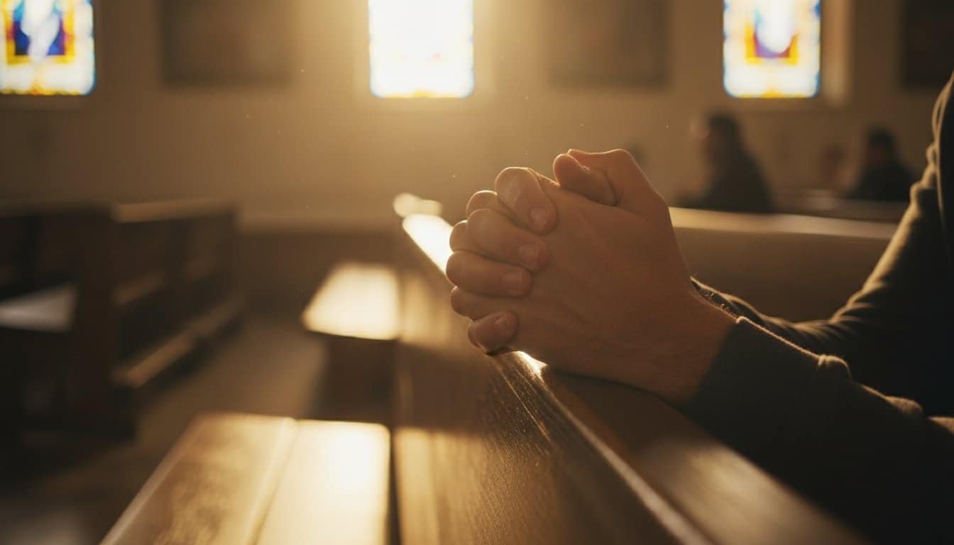 Hopeful prayer and worship scene in a church with stained glass windows.