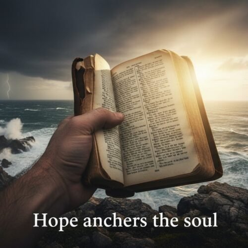 Bible in hand holding onto hope during stormy seas and dark clouds over the ocean, symbolizing faith, hope, and trust in God's word amidst life's challenges.