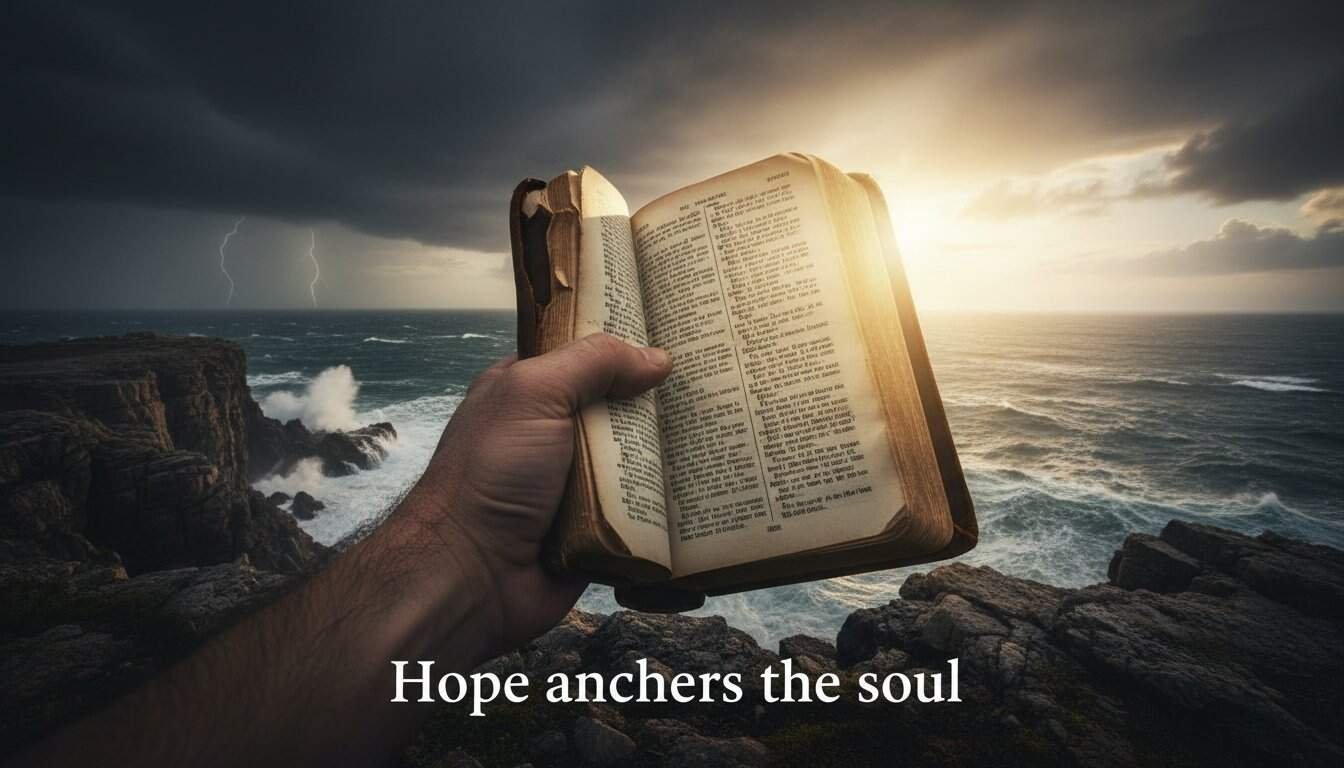 Bible in hand holding onto hope during stormy seas and dark clouds over the ocean, symbolizing faith, hope, and trust in God's word amidst life's challenges.