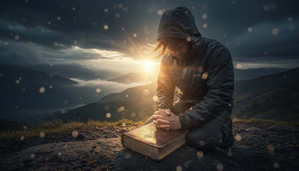 Prayerful person kneeling with closed eyes on a mountain top holding a Bible, during sunset, symbolizing faith and devotion.