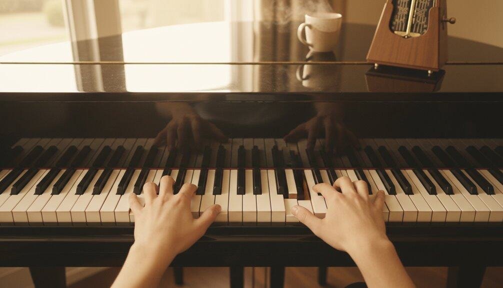 Close-up of hands playing a beautiful grand piano, highlighting musical devotion, worship, and praise through sacred melodies. Perfect for Christian music, spiritual songs, and divine worship visuals.