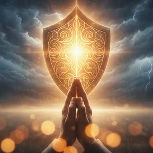 Shield of faith symbol representing divine protection and spiritual strength, with praying hands in front under stormy clouds, lightning, and glowing light, emphasizing trust in God's protection.