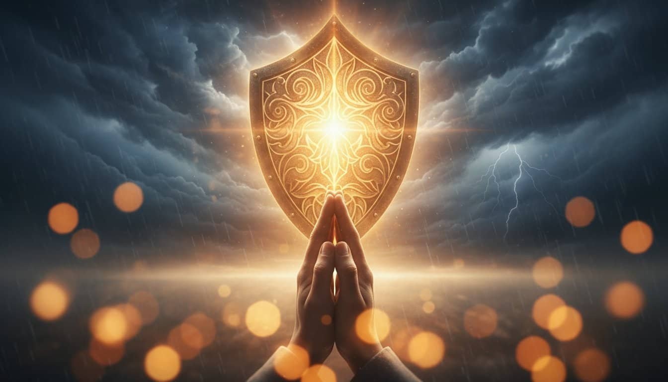 Shield of faith symbol representing divine protection and spiritual strength, with praying hands in front under stormy clouds, lightning, and glowing light, emphasizing trust in God's protection.