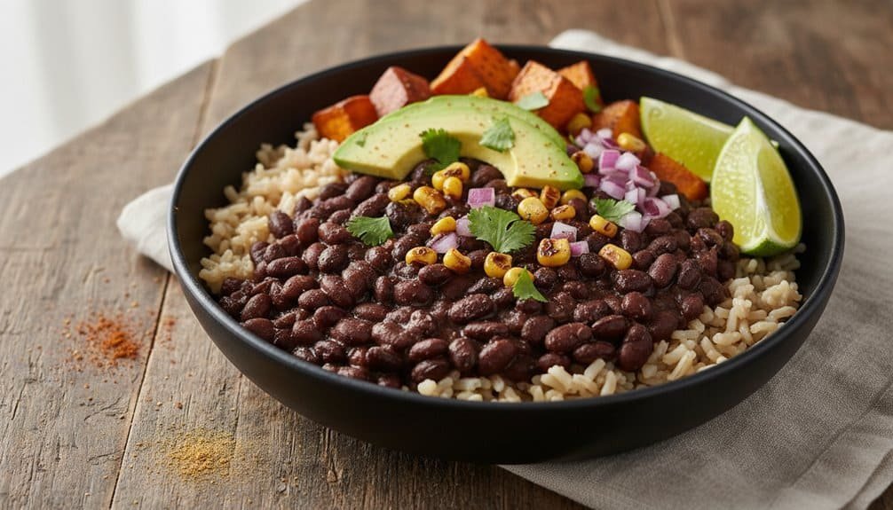 Vegan Mexican rice and bean bowl with avocado, corn, lime, and herbs. Healthy, flavorful, and perfect for a nutritious meal or meal prep.
