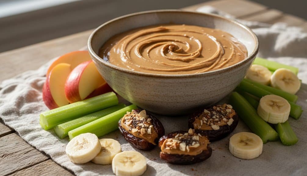 Delicious peanut butter dip with fresh fruits and celery sticks on rustic wooden table. Perfect healthy snack for kids and adults. Serve with apple slices, banana, dates, and celery for a nutritious treat.