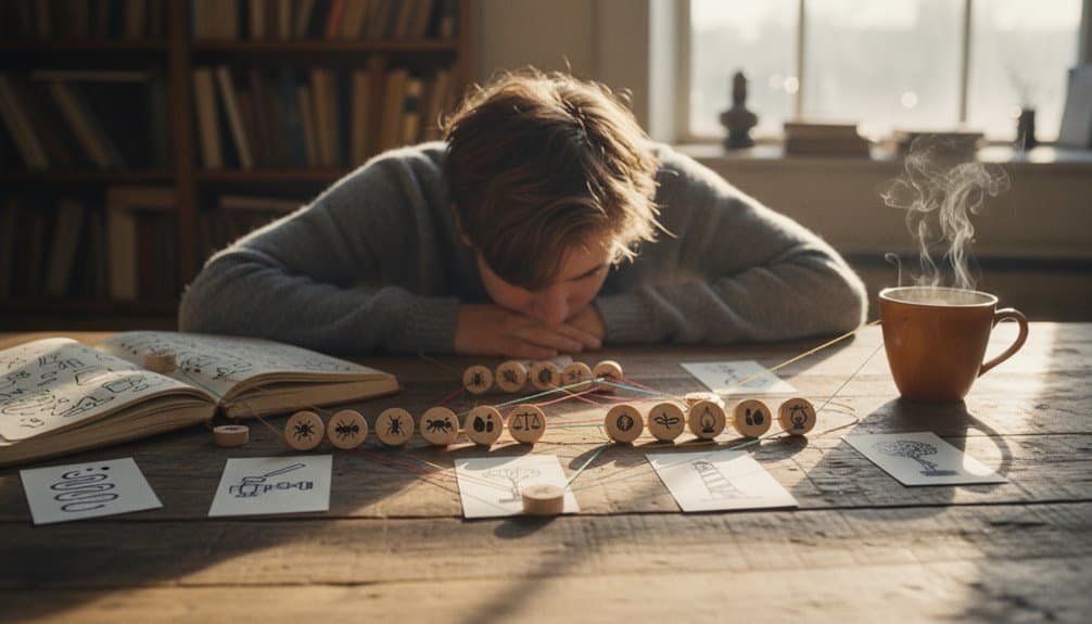 Young person studying Bible games and spiritual activities for children and youth, involving wooden symbols and illustrated cards, in a cozy home setting.