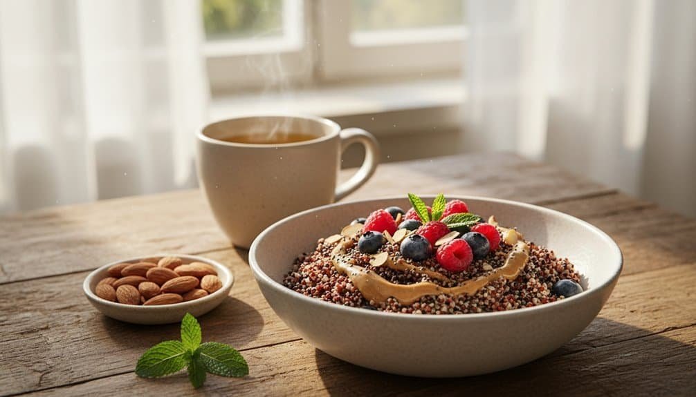 Fresh breakfast with berries, almonds, and a cup of tea, perfect for starting your day with faith and inspiration. Ideal for those seeking spiritual songs and biblical inspiration.