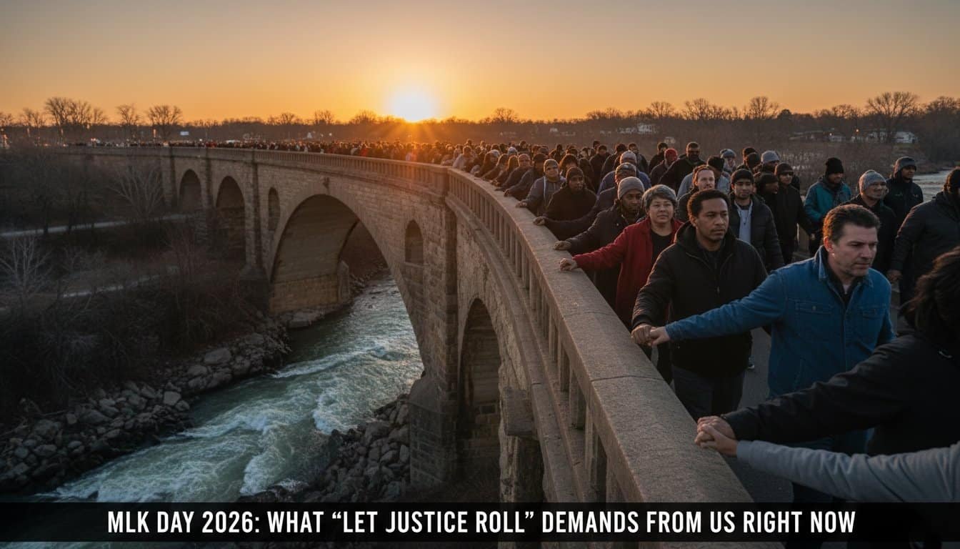 People holding hands and walking across a bridge during a peaceful march at sunset, symbolizing unity and the demand for justice and equality, inspired by MLK Day 2026 themes.