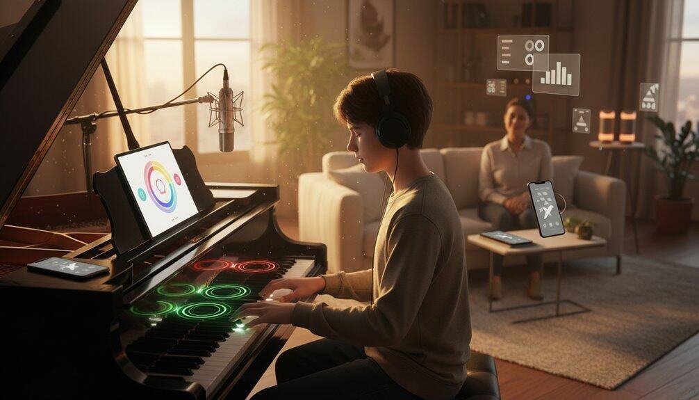 Young person playing the piano with colorful LED lights, wearing headphones in a cozy home studio, with digital music effects floating, emphasizing Christian music, Bible songs, and worship practice.