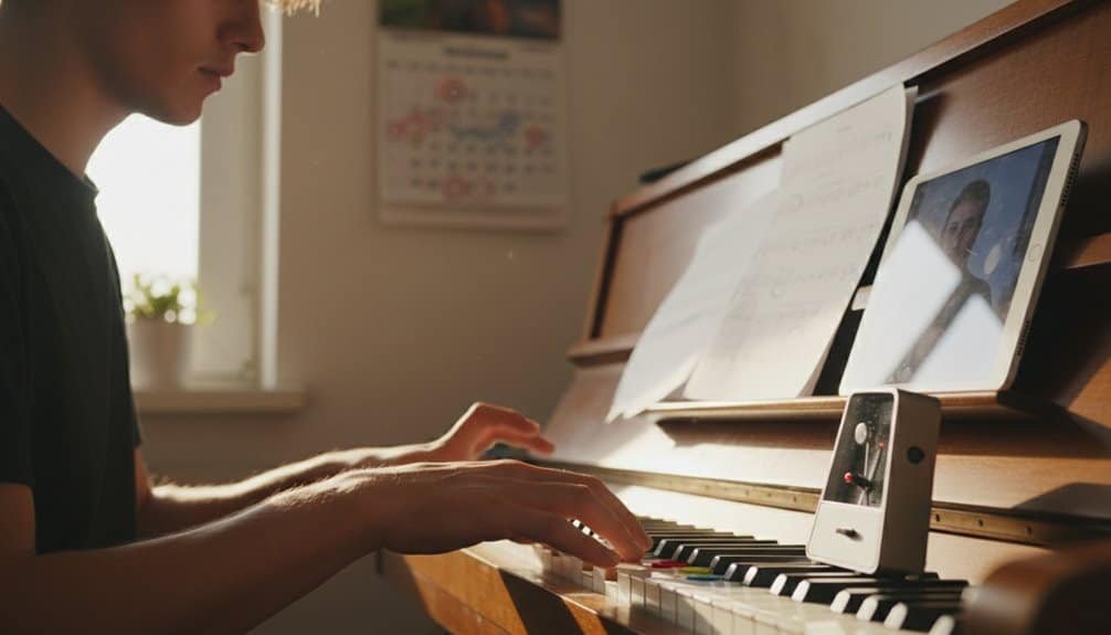 A young person playing piano while watching a virtual Bible song lesson on a tablet, practicing Christian music at home. Perfect for Christian worship, faith, and spiritual growth.