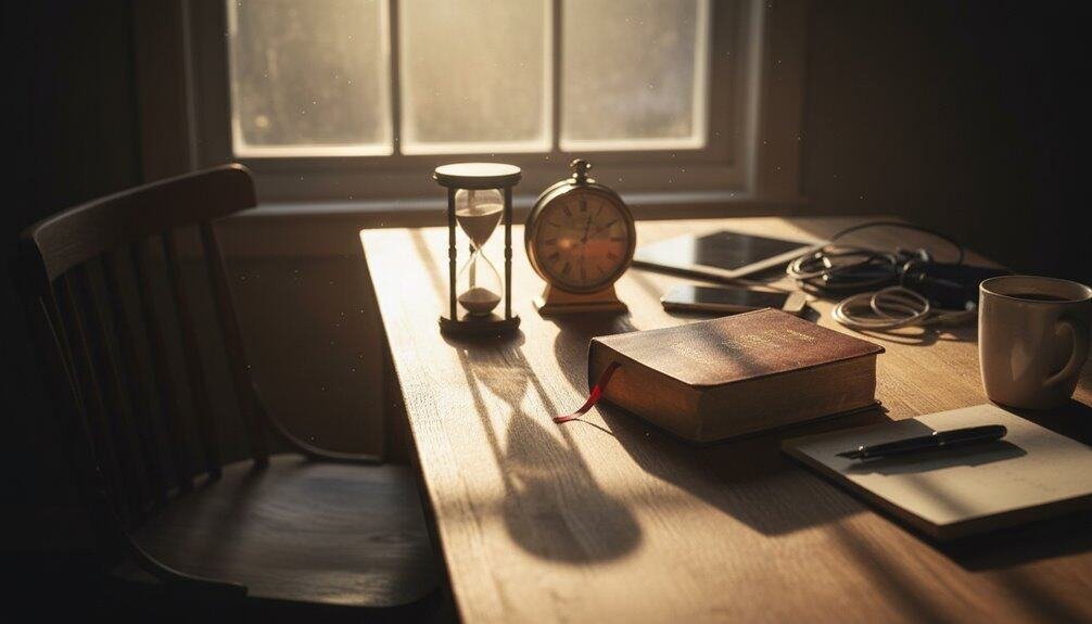 What God Really Thinks About Your Procrastination Habit My Bible Song 2026 Brightly lit wooden desk with Bible, hourglass, clock, notepad, and coffee mug illuminated by sunlight through a window. Perfect for Christian devotion, Bible reading, and spiritual reflection.