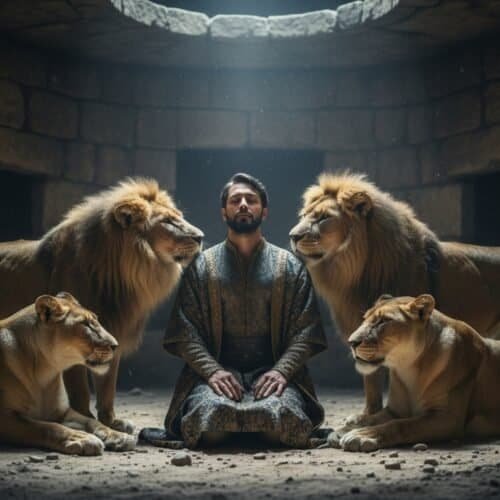 ALT text: A man in traditional robes surrounded by lions and lionesses inside a stone enclosure, creating a powerful biblical imagery.