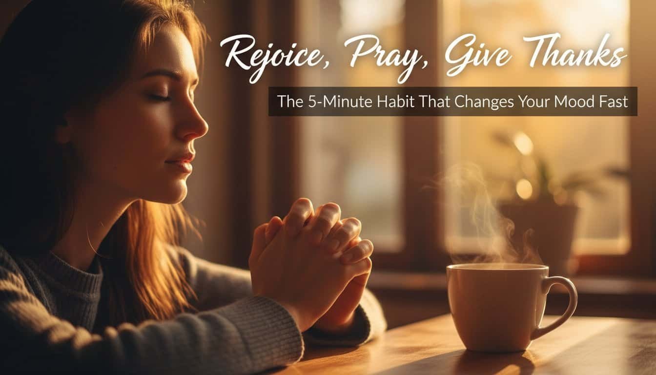 Peaceful woman praying with a steaming cup of coffee, symbolizing gratitude and spiritual reflection, for Christian encouragement and worship music.
