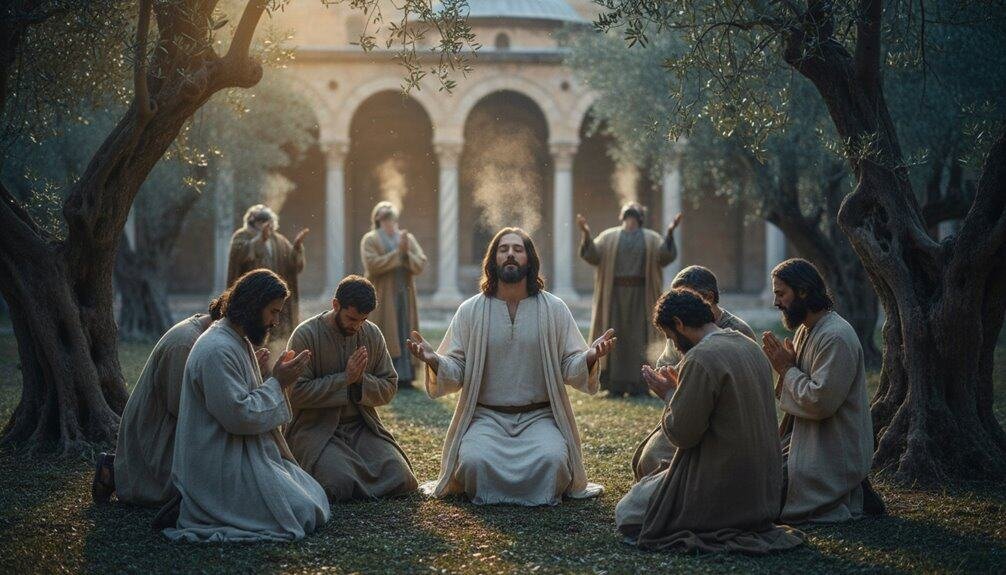 What the Bible Really Says About Prayer Will Shock Most Christians My Bible Song 2026 Christian prayer and worship scene with Jesus and disciples in olive grove, sunset lighting, reverent atmosphere, spiritual connection, biblical significance, faith in God, religious devotion, peaceful background.
