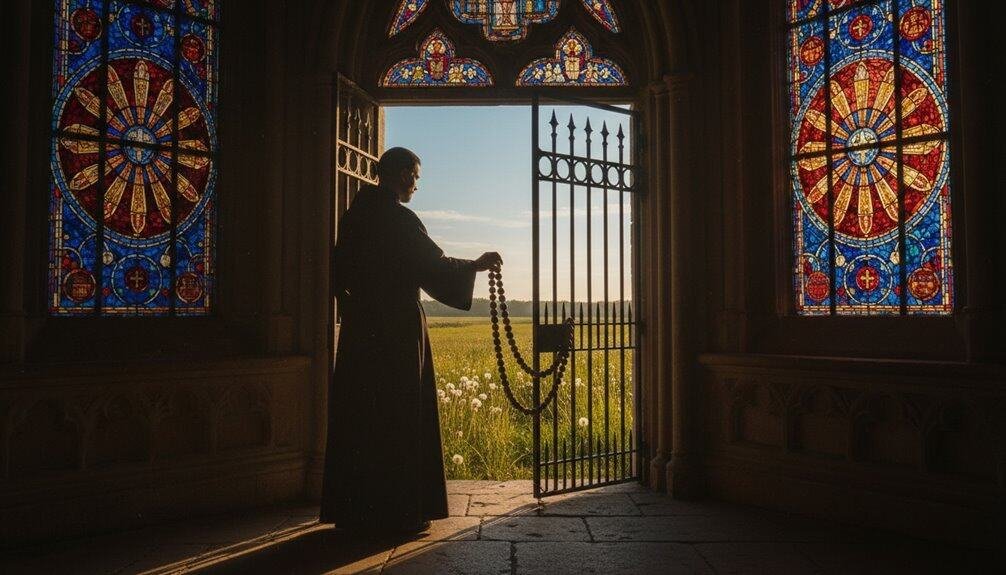 Alt text: A person praying inside a church with stained glass windows, holding prayer beads and facing an open gate to a scenic field at sunset, emphasizing faith and devotion.
