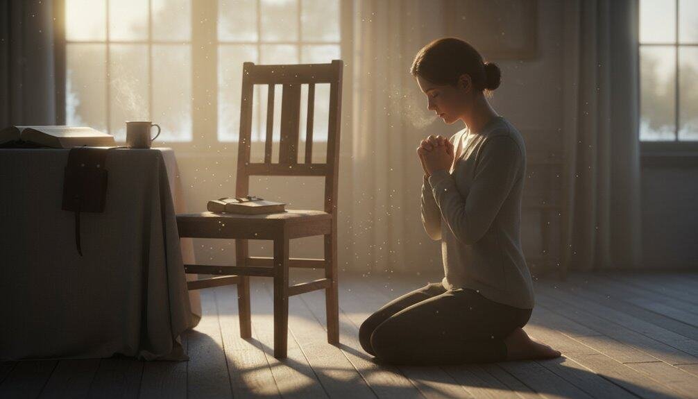 Devout woman praying, Bible, and worship in peaceful home scene, religious prayer for guidance, connection with God, spiritual devotion, and Christian faith.