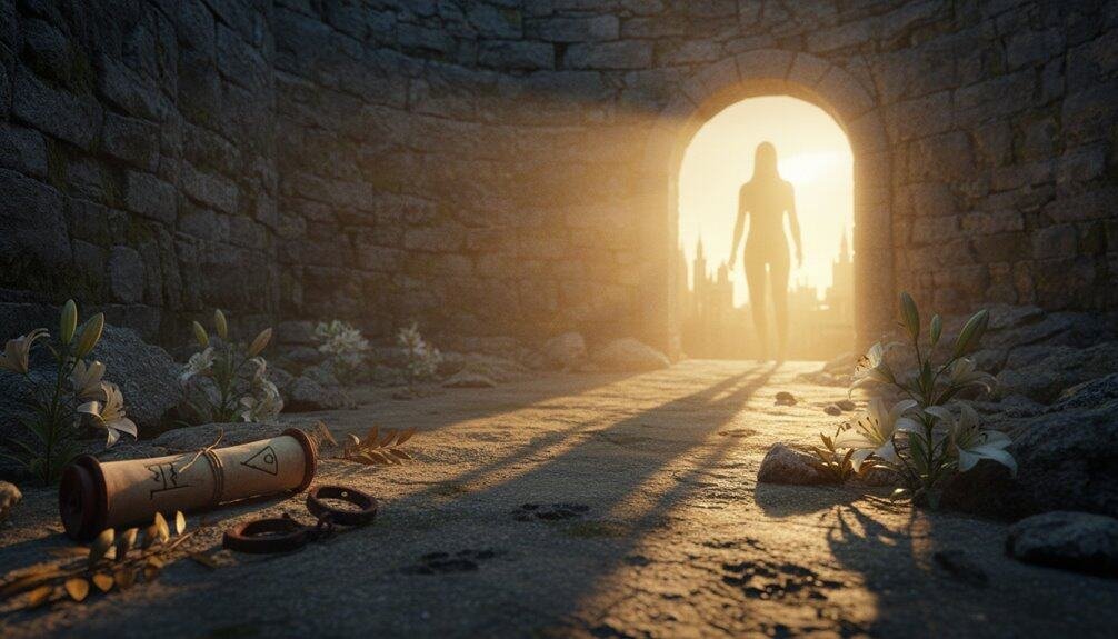 Beautiful image of a divine figure at the heavenly door with sunlight illuminating the path, symbolizing faith, salvation, and spiritual journey in biblical faith.