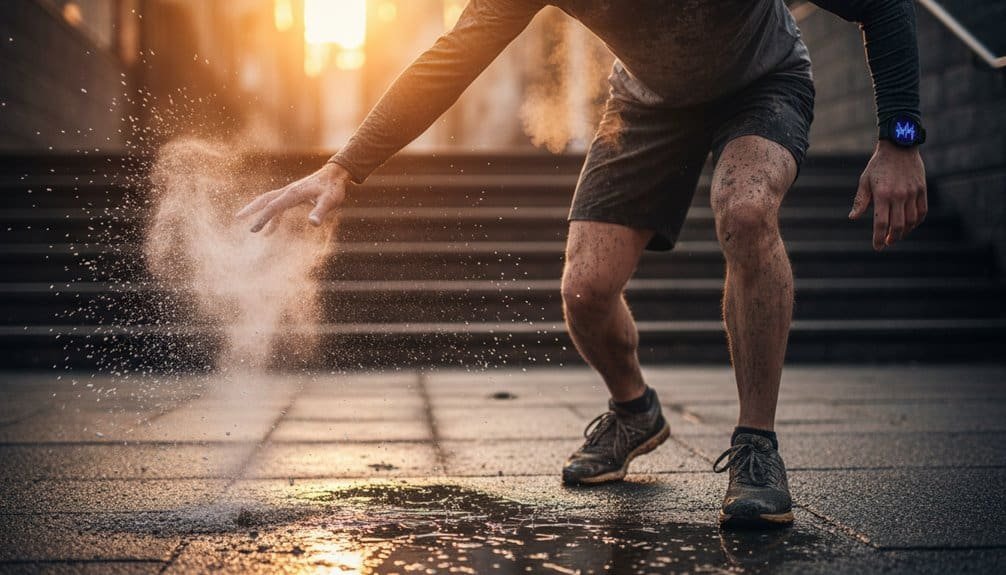 Person reaching for water on city steps at sunset.