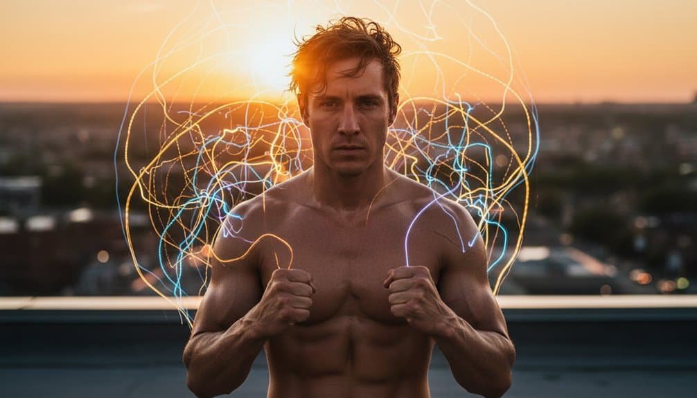 Electrifying image of a determined man showing inner strength and spiritual power with glowing energy lines, symbolizing faith and vitality, perfect for Christian motivational content and Bible song inspiration.