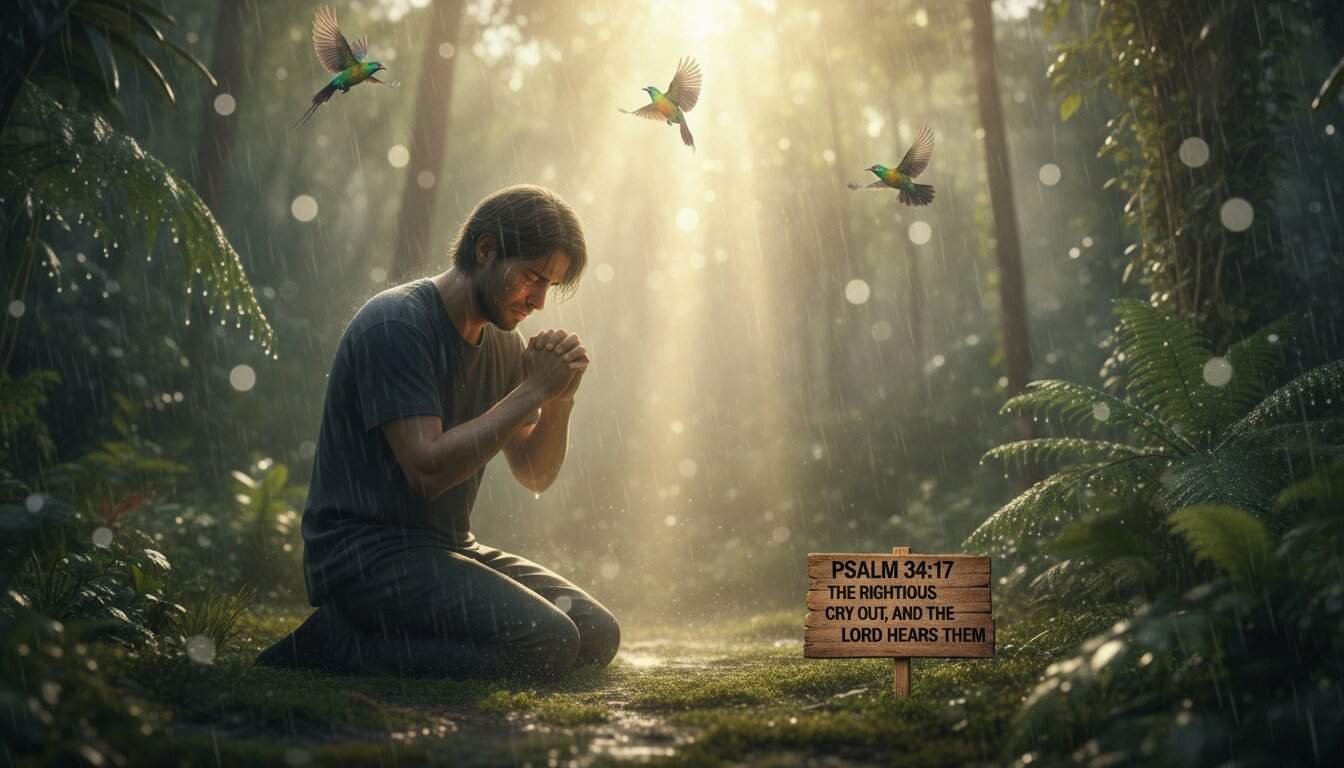 A man prays in a rainforest, surrounded by vibrant hummingbirds, with a Psalm 34:17 sign, symbolizing faith, prayer, and divine listening, perfect for Christian inspirational content.
