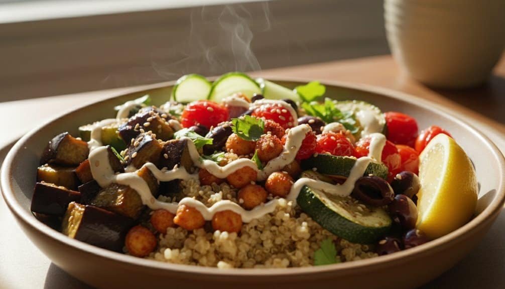 10 Daniel Fast Menu Ideas Chefs Swear by for Energy, Clarity, and Cravings Control My Bible Song 2026 A vibrant vegetarian Buddha bowl featuring quinoa, fresh vegetables like cherry tomatoes, cucumbers, eggplant, and black olives, garnished with herbs and a lemon wedge, promoting healthy eating and plant-based nutrition.