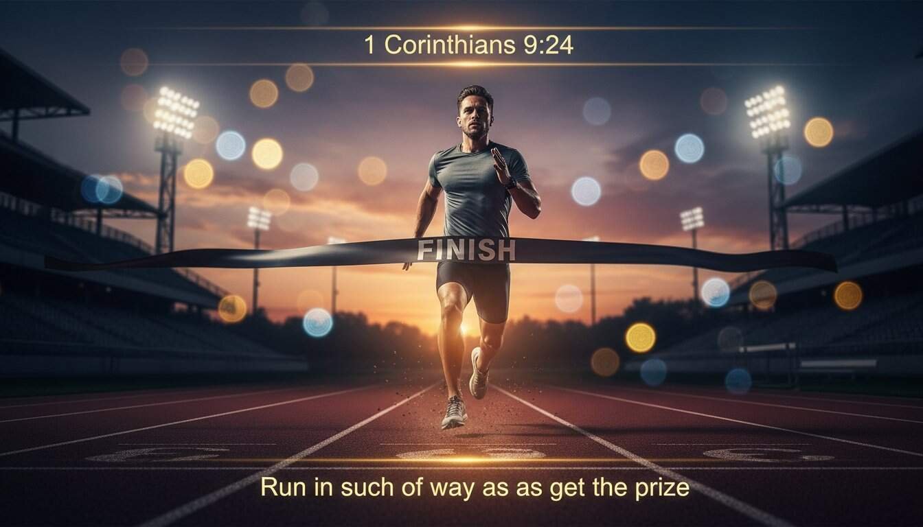 An athlete running through a stadium at sunset, crossing the finish line with "FINISH" banner, symbolizing faith and perseverance in Christianity, inspired by 1 Corinthians 9:24.
