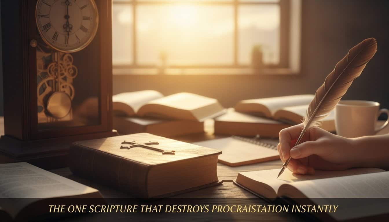 Elegant Christian study scene with open Bible, feather pen, and warm sunlight. Perfect for worship, prayer, and biblical inspiration.