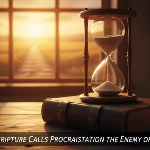 A close-up of an hourglass and Bible on a wooden table with a glowing sunset through the window, symbolizing patience, faith, and the importance of God's word in daily life.