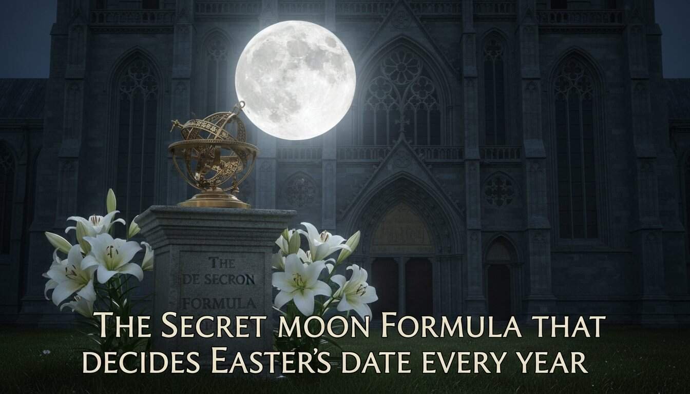 Bright full moon illuminating the night sky above a Gothic-style church, with white lilies and an armillary sphere symbolizing Easter's lunar-based date calculation.