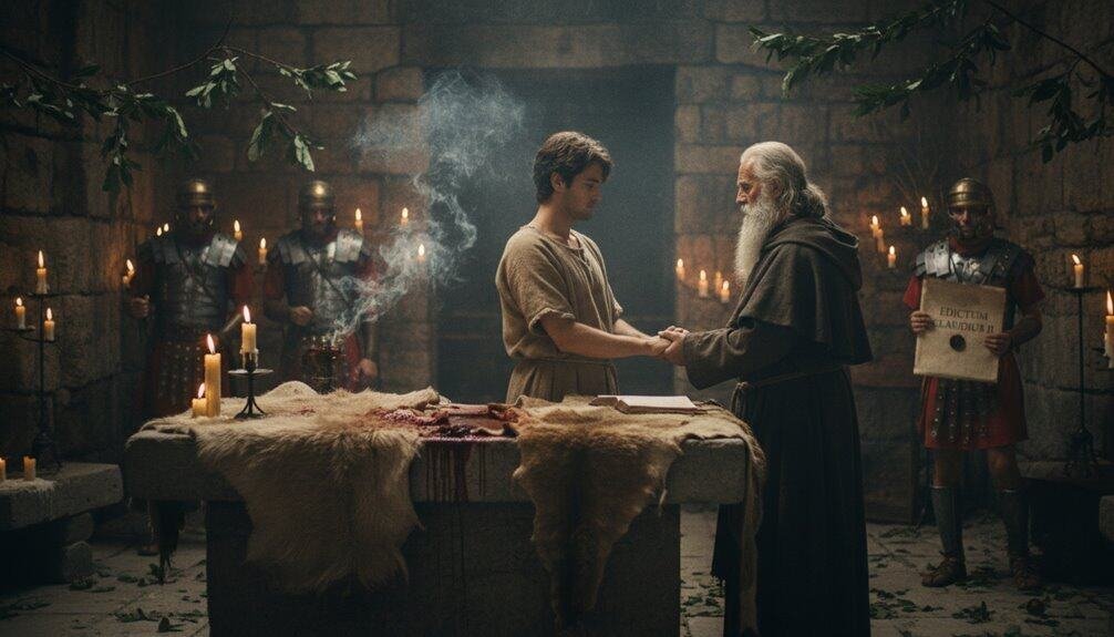 Young man and elderly monk praying in church.