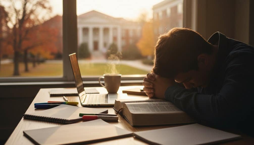 7 Bible Verses Every Struggling Student Needs to Read Today My Bible Song 2026 A man praying and reading the Bible at a desk with a laptop, notebooks, and pens, symbolizing faith, spirituality, and devotion during personal study or reflection.