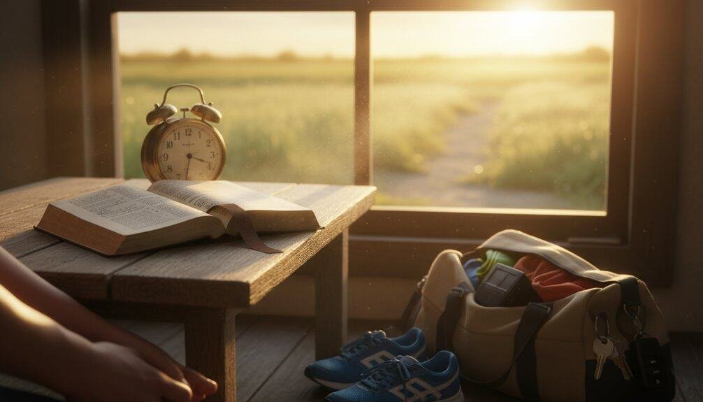 Inspirational Bible song for devotion and prayer, peaceful morning reading with open Bible, alarm clock, and sports shoes near window for daily spiritual growth and faith.