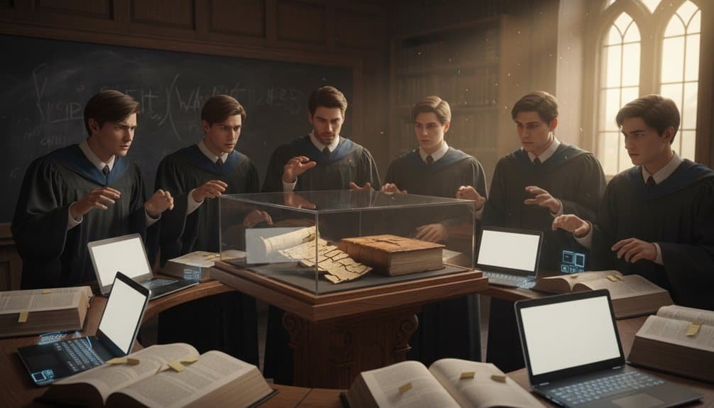 A group of young scholars in academic robes examine ancient manuscript documents in a historic library setting with laptops and experimental lighting.