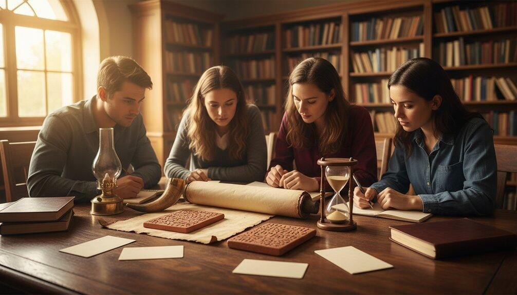 Inspiring Bible study in a cozy library with four young adults exploring scripture and spiritual growth, using ancient scrolls, books, and devotional tools for meaningful faith discussions.