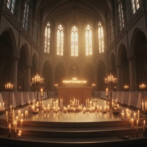 A majestic church interior illuminated by numerous white candles, stained glass windows, and a glowing altar with the message "The Forgotten Holy Day," evoking reverence and spiritual reflection.