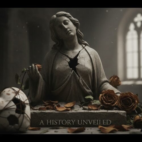 Statue of Jesus with a broken heart surrounded by roses and a football, symbolizing spiritual reflection and biblical themes in Christian worship.