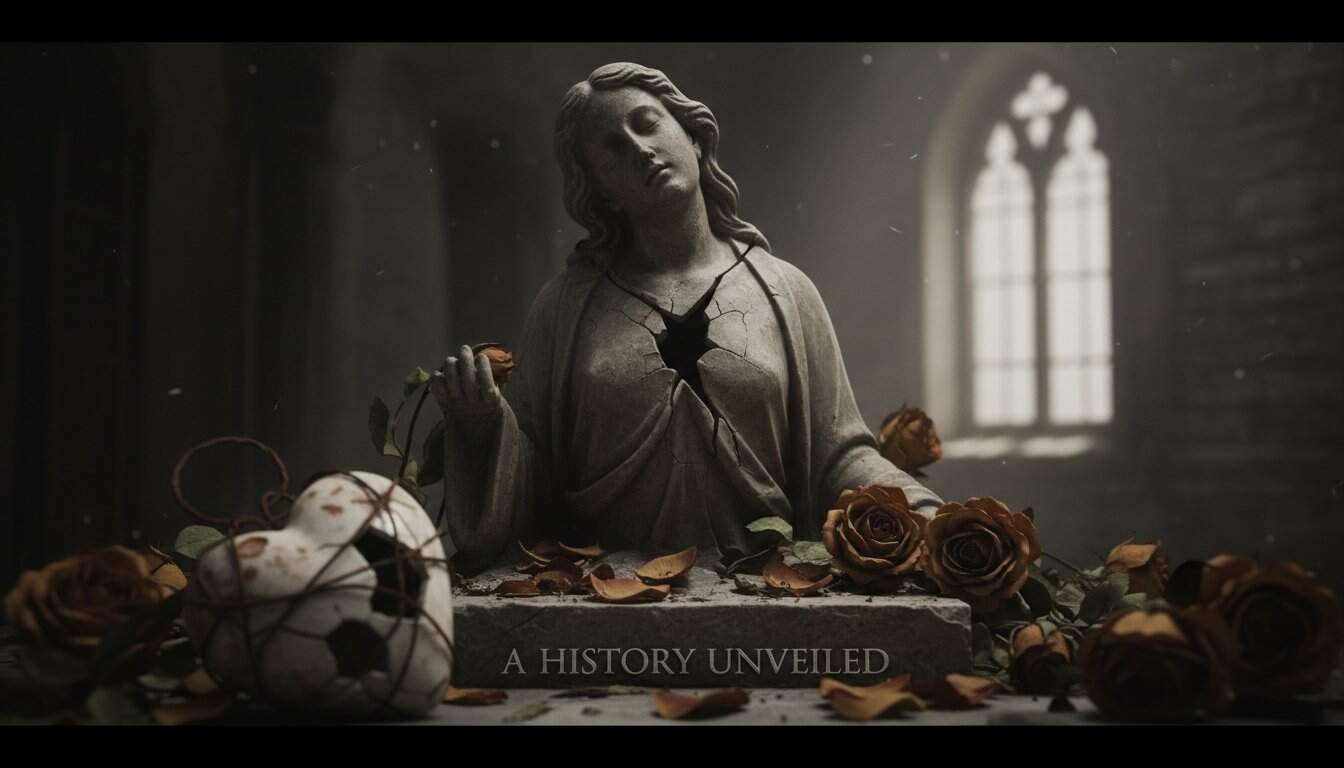 Statue of Jesus with a broken heart surrounded by roses and a football, symbolizing spiritual reflection and biblical themes in Christian worship.