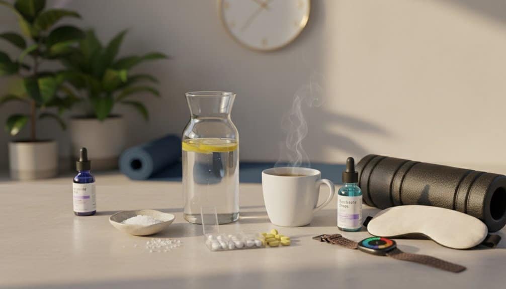 Relaxing home fitness and self-care setup with herbal tea, supplements, yoga mat, and aromatherapy, promoting health, mindfulness, and relaxation.